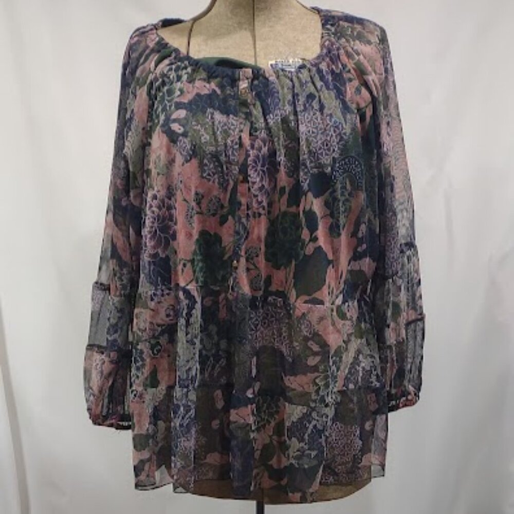 TERRA & SKY SHEAR MESH TIERED LINED SCOOP NECK TOP FLORAL 3/4 SLEEVES PLUS 3X